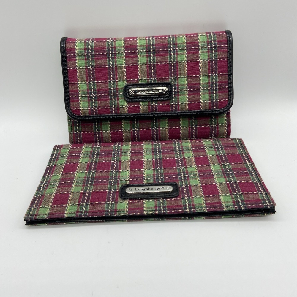 Longaberger Homestead Plaid Trifold Wallet Checkbook Cover Set Burgundy Green